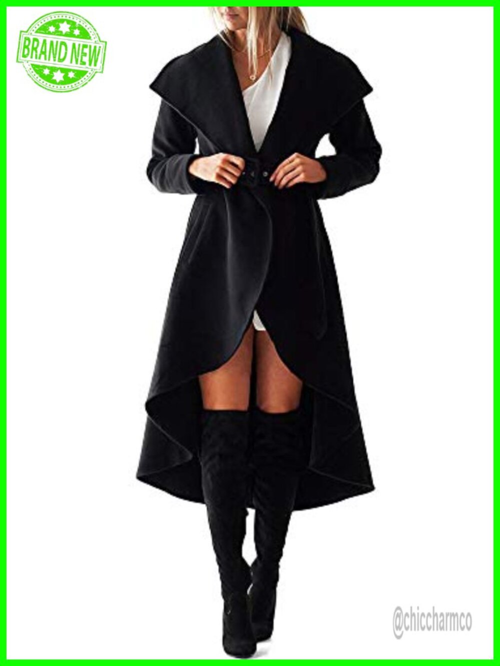 Women's Winter Wool Trench Coat Large Collar High Low Belted Jacket